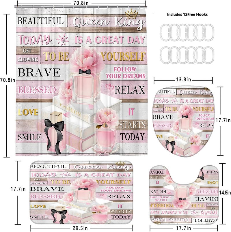 AZHM 4Pcs Shower Curtain Set Pink Fashion Floral Bathroom Decor Inspirational Quotes Bathroom Shower Curtain with Rugs and Accessories Girly Perfume Bathroom Set - Image 4